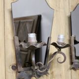 Pair of Art Deco wrought iron and smoked glass wall lights