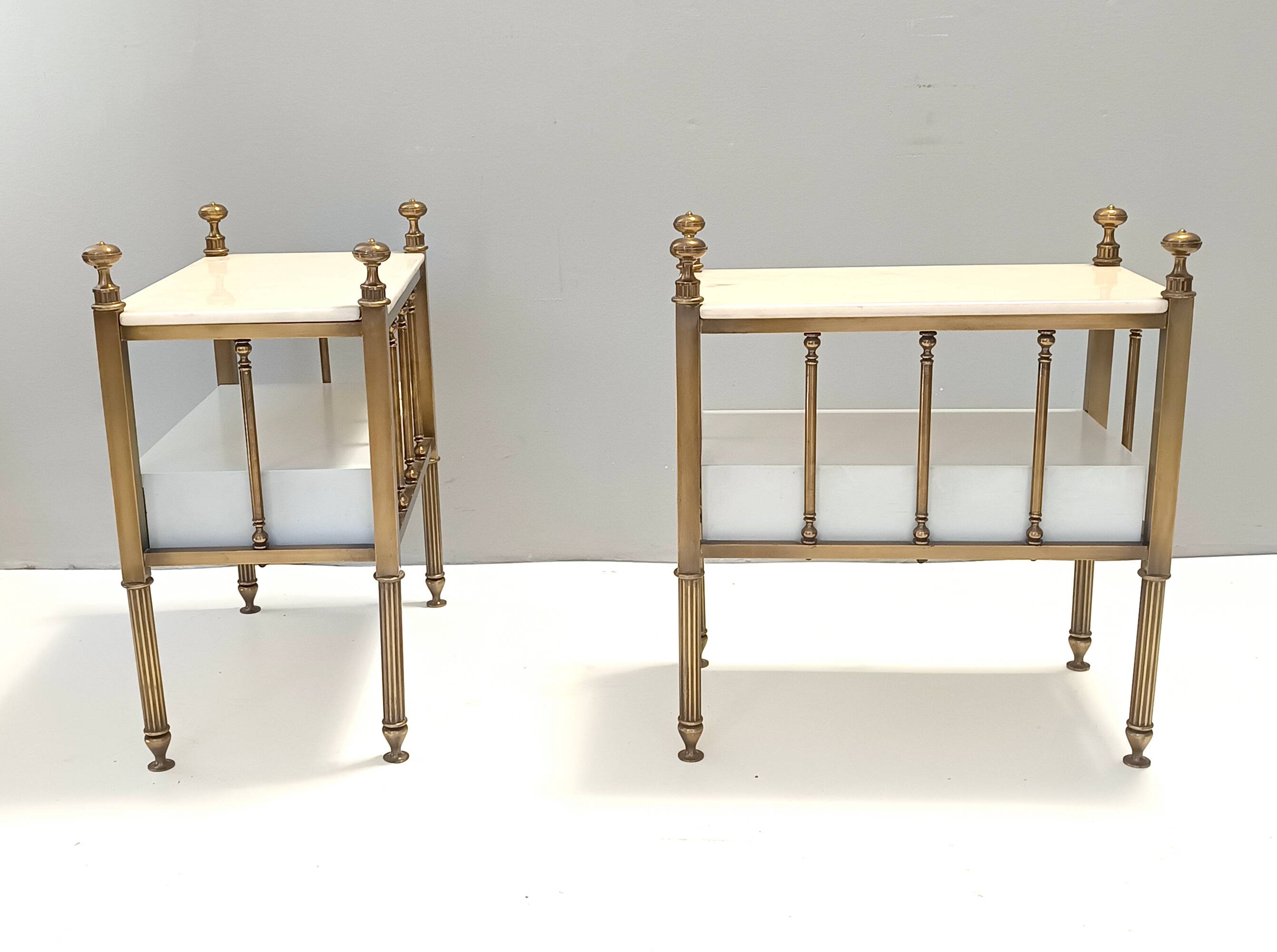Pair of Brass and White Lacquered Nightstands with Marble Tops, Italy