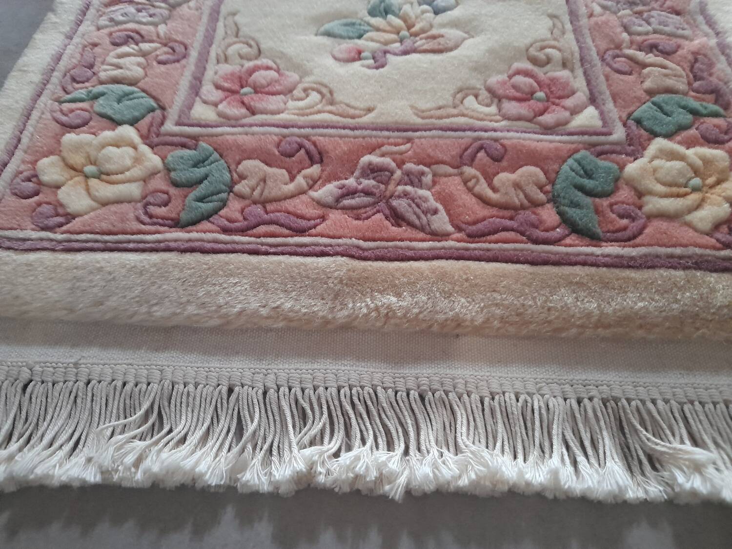 Vintage Chinese rug 120 x 60 cm with reliefs, Beijing flowers, handmade.