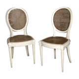 Set of 2 Louis XVI style patinated beige and cannate chairs