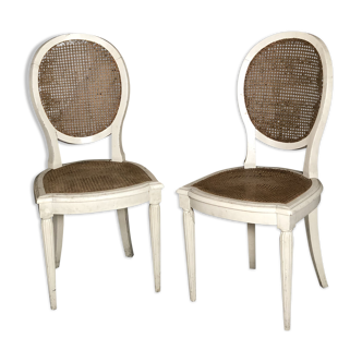 Set of 2 Louis XVI style patinated beige and cannate chairs