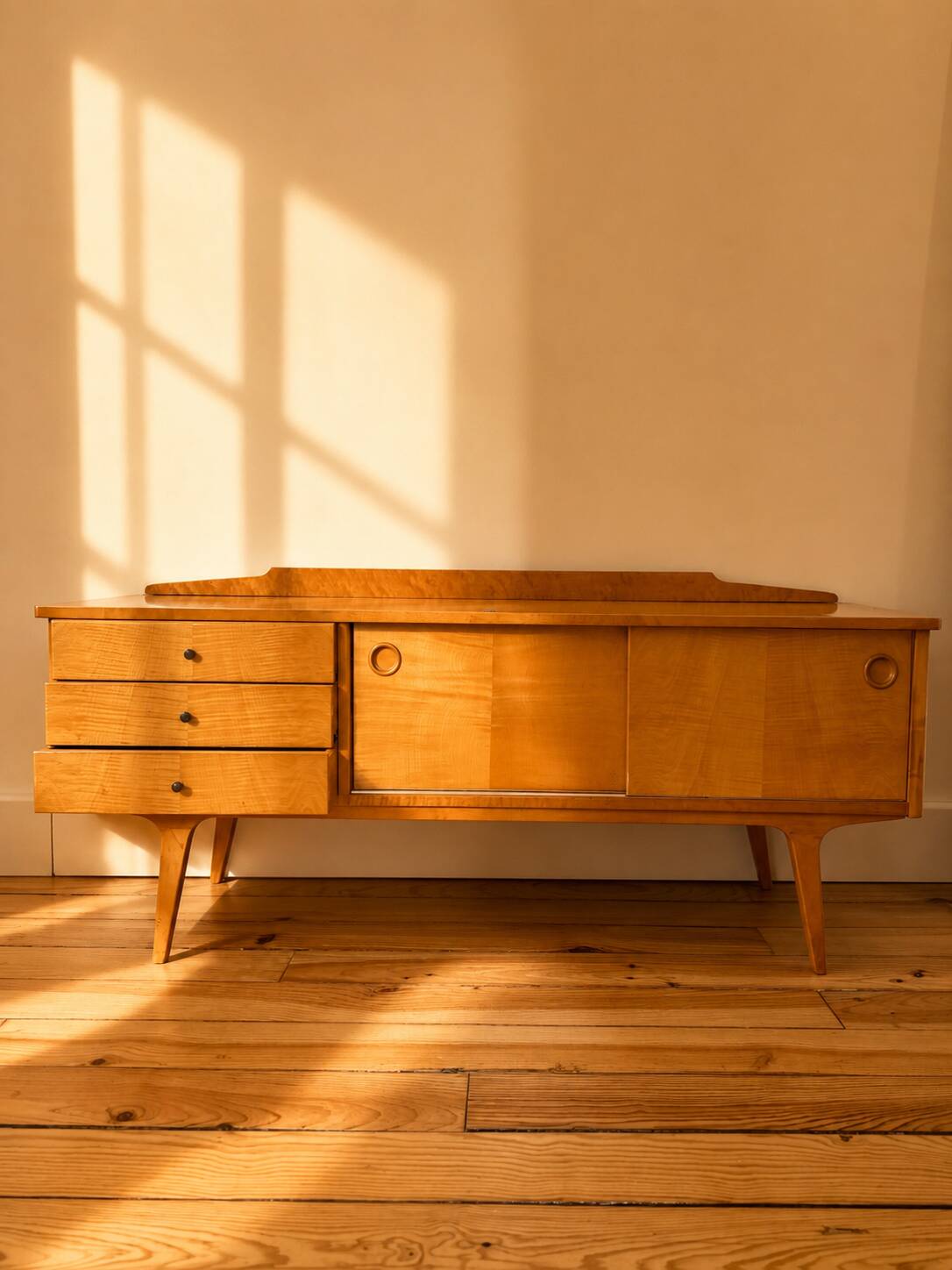 Coiffeuse vintage - mid century années 50 en sycomore ondé miroir triptyque