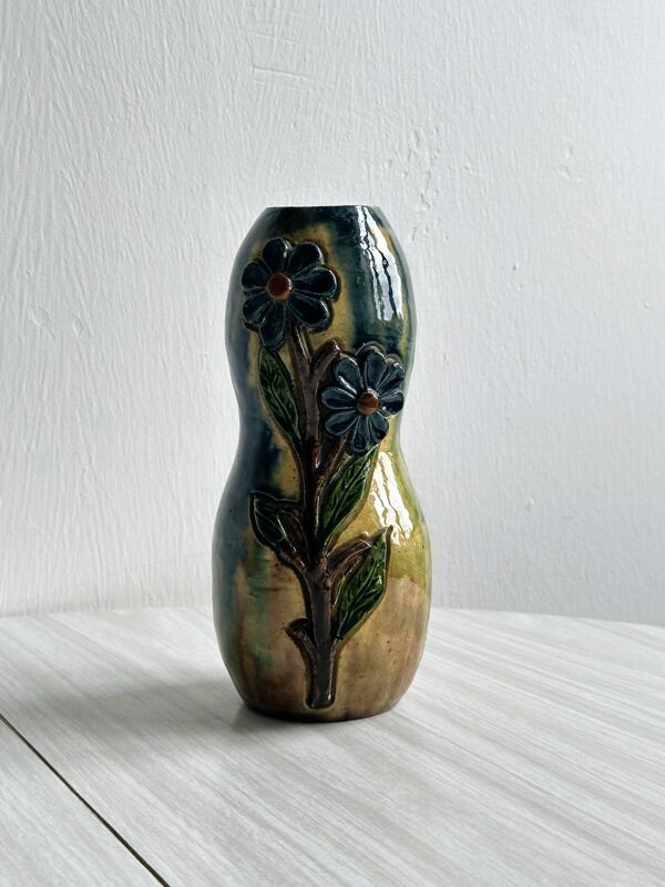 Vase vintage céramique émaillée – Motifs floraux en relief