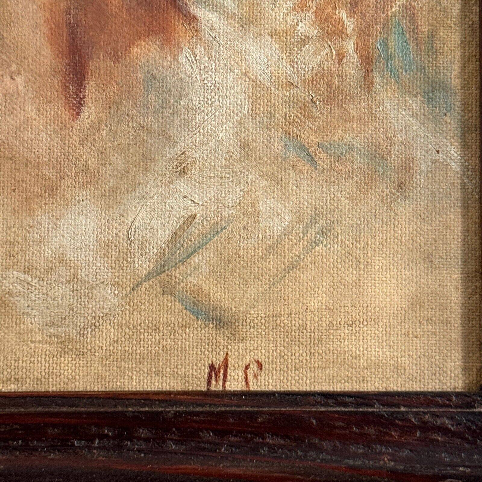 Oil on Isorel portrait of a young girl with a blue scarf, monogrammed MP