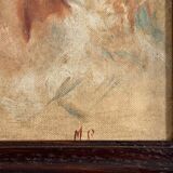 Huile sur isorel, portrait de jeune fille au foulard bleu monogramme MP