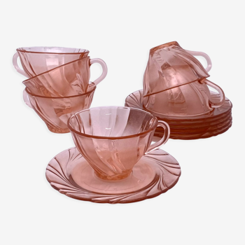 Service à thé ou café verre rose transparanr Vintage