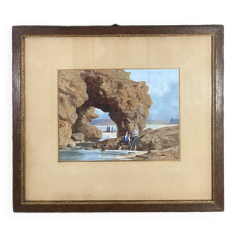 Watercolor on paper by Stanislas Pons, fishermen on foot, 19th century