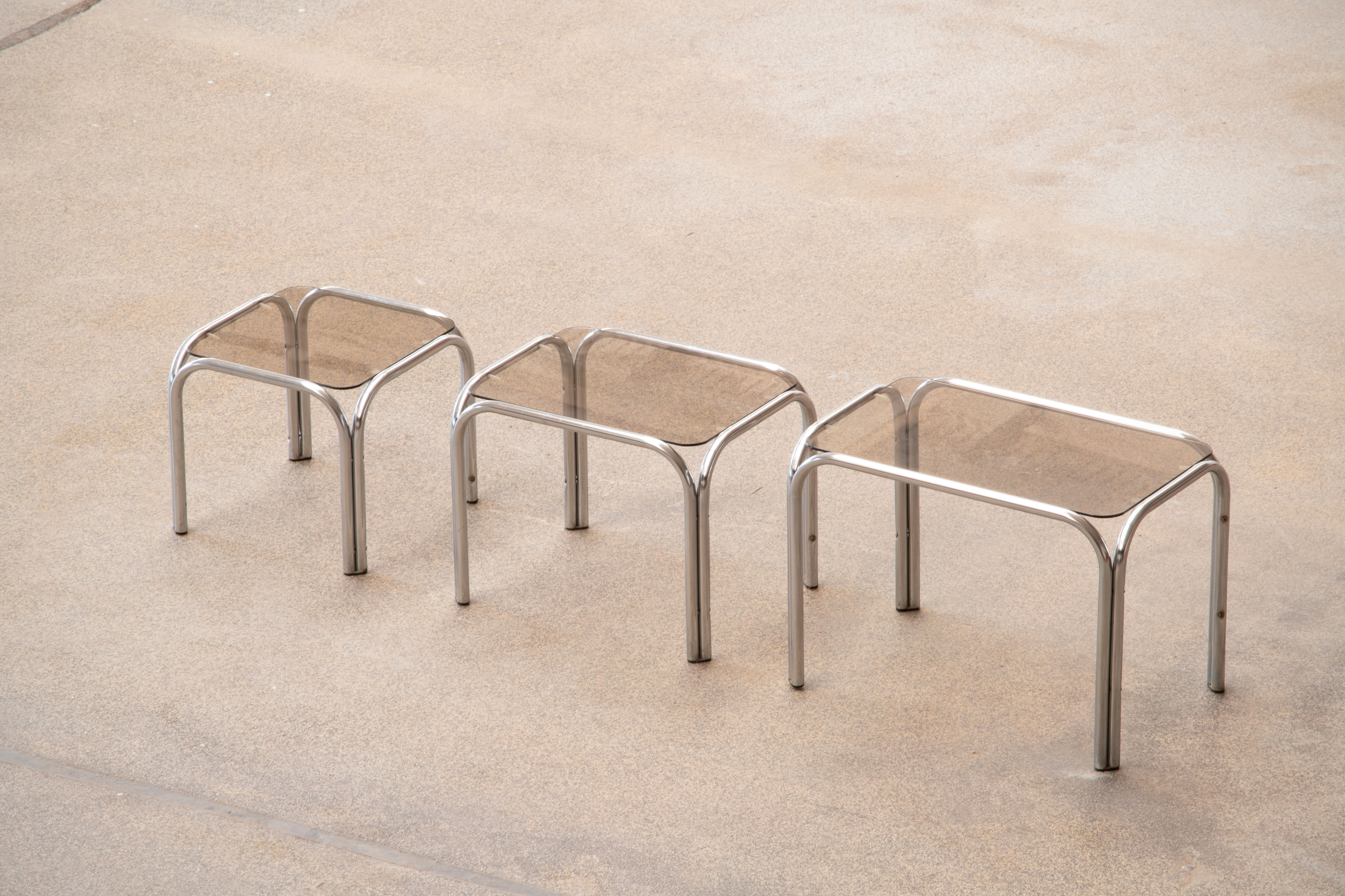 Vintage chrome and glass built-in coffee tables 1970