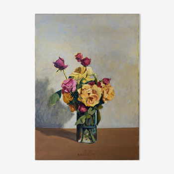 Tableau HST "Bouquet de fleurs" par Angelo Cesare CHIELLINI (1916-1991) Italie