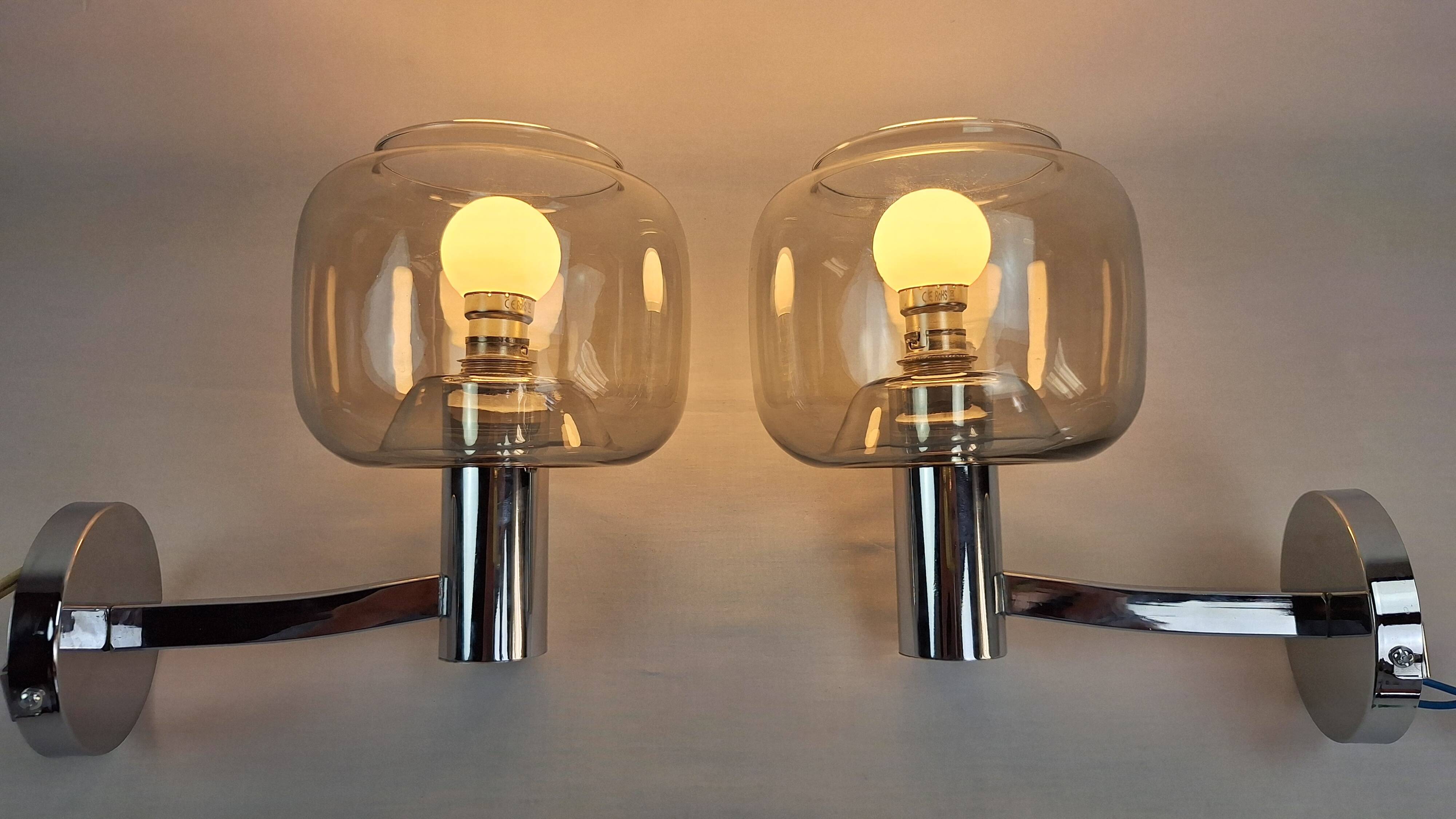 Chrome-plated metal and glass wall lights, 1970