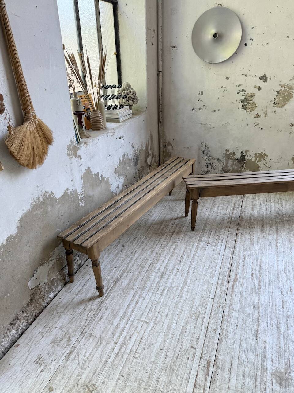 Pair of 1950 benches with oak and beech slats