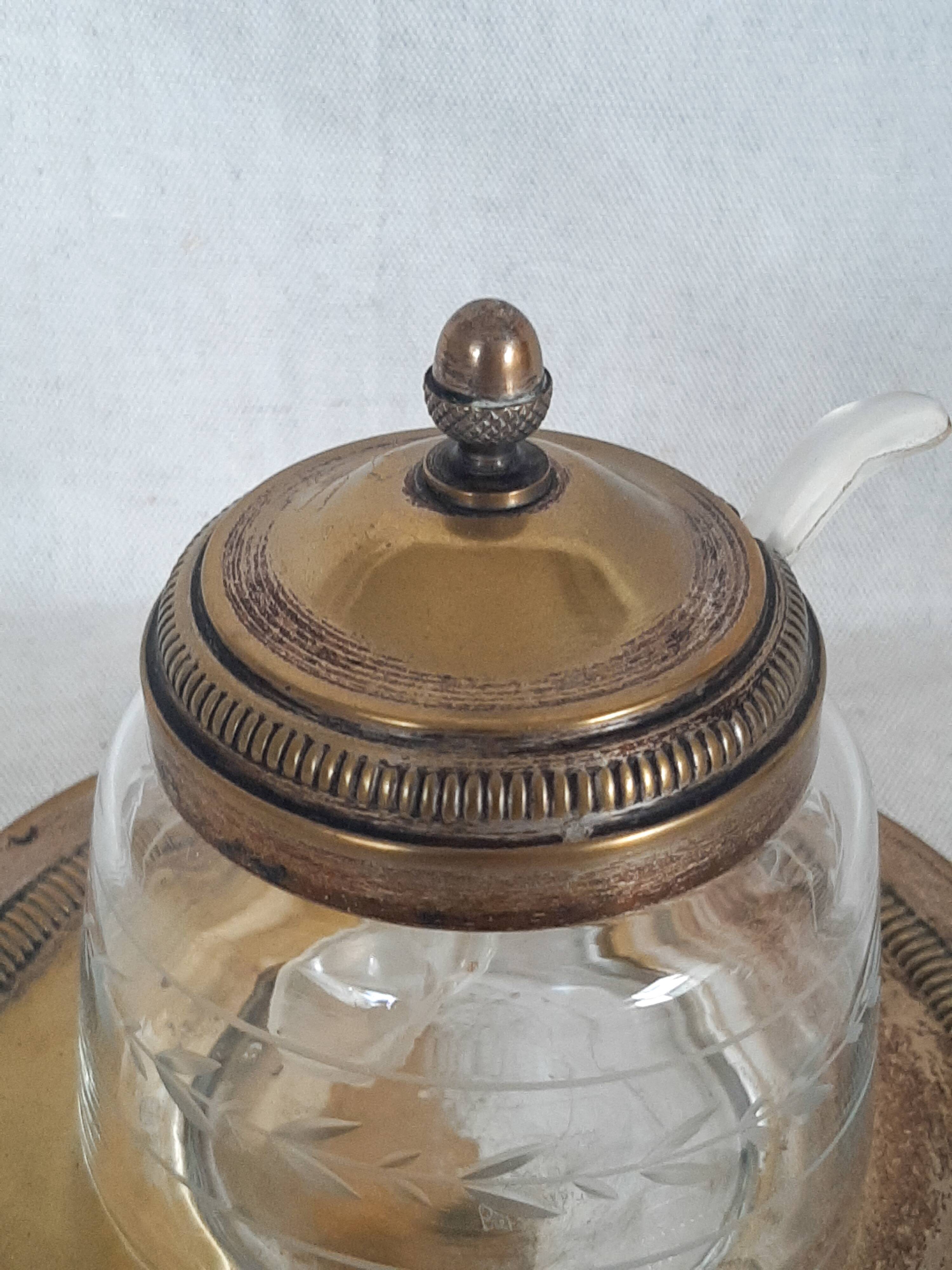 Engraved glass sugar bowl and silver-plated metal