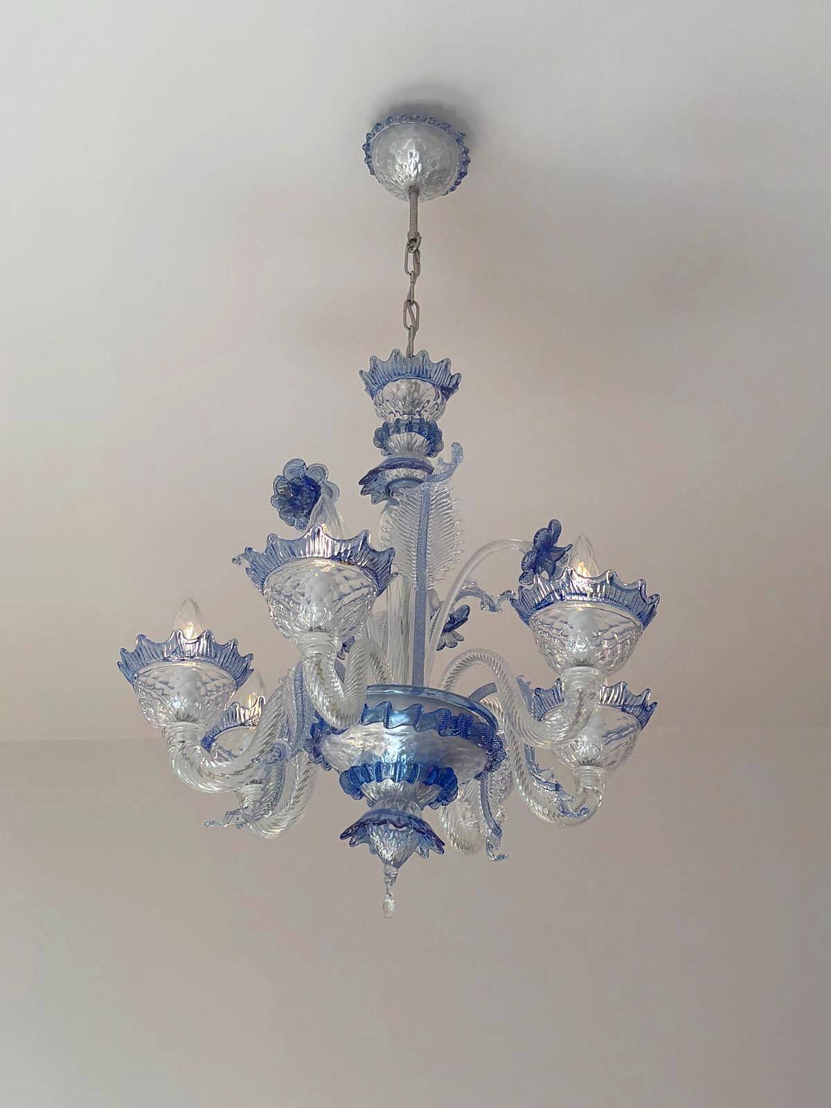 Venetian chandelier in blue Murano glass and crystal, 6 arms