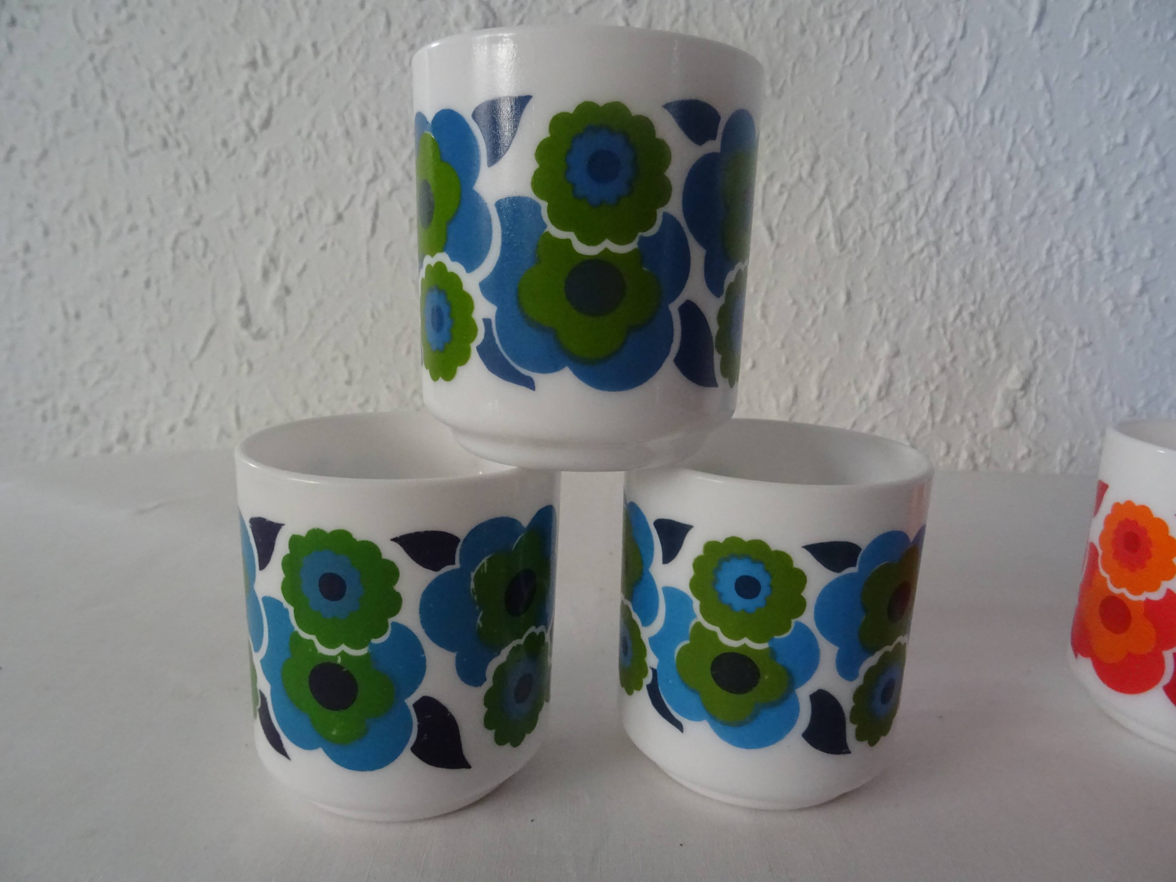 6 MUGS vintage flowers LOTUS 562112 Arcopal FRANCE orange blue