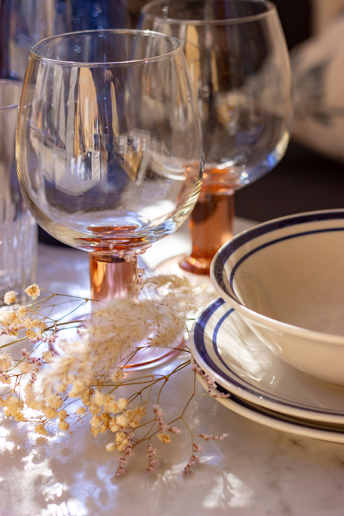 4 blue bordered dessert plates and a matching bowl