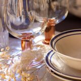 4 blue bordered dessert plates and a matching bowl