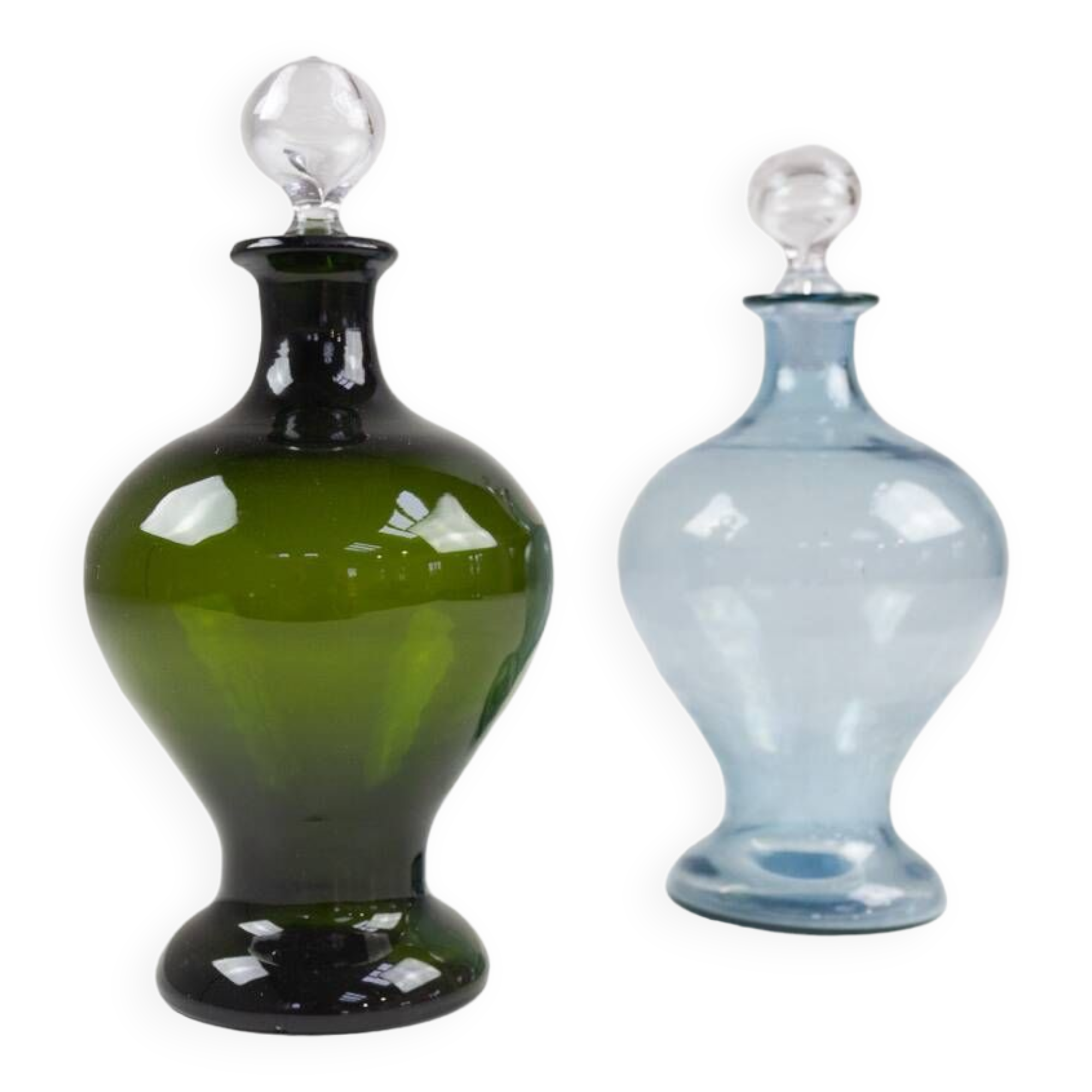 Danish Art Deco Blue and Green Glass Decanters, 1930s, Set of 2