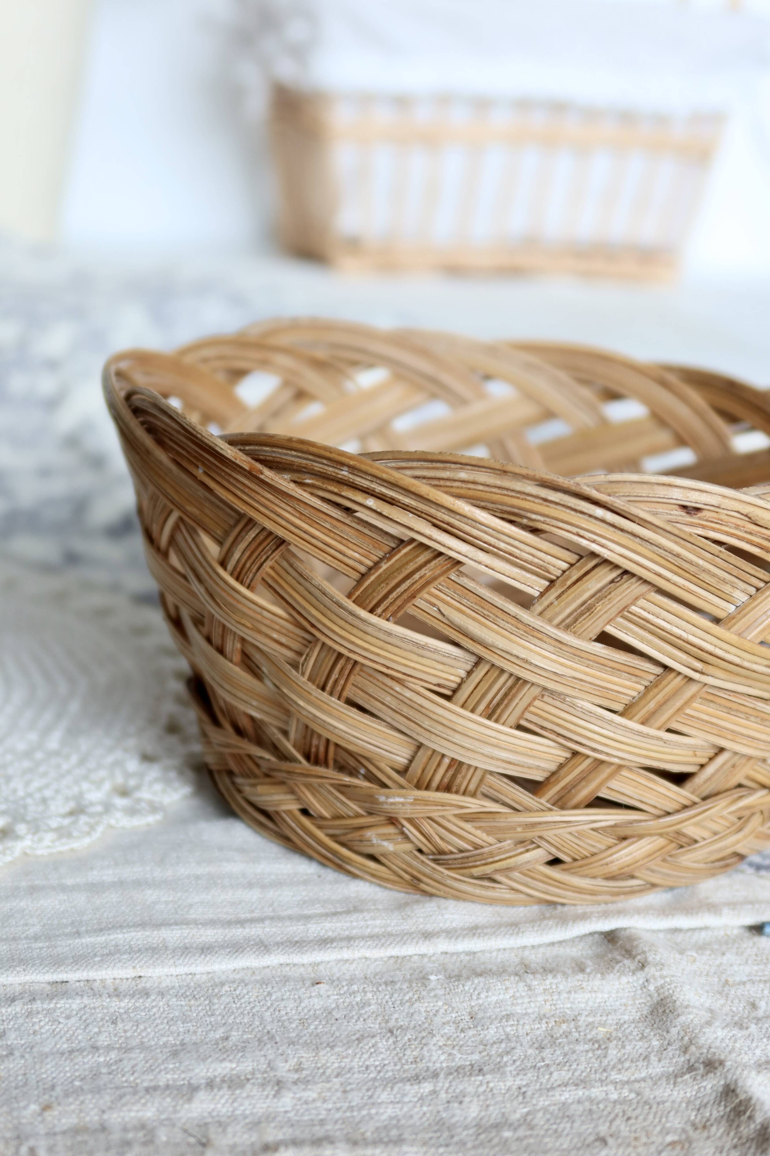Vintage Round Natural Wicker Basket - Rustic Cross Weave