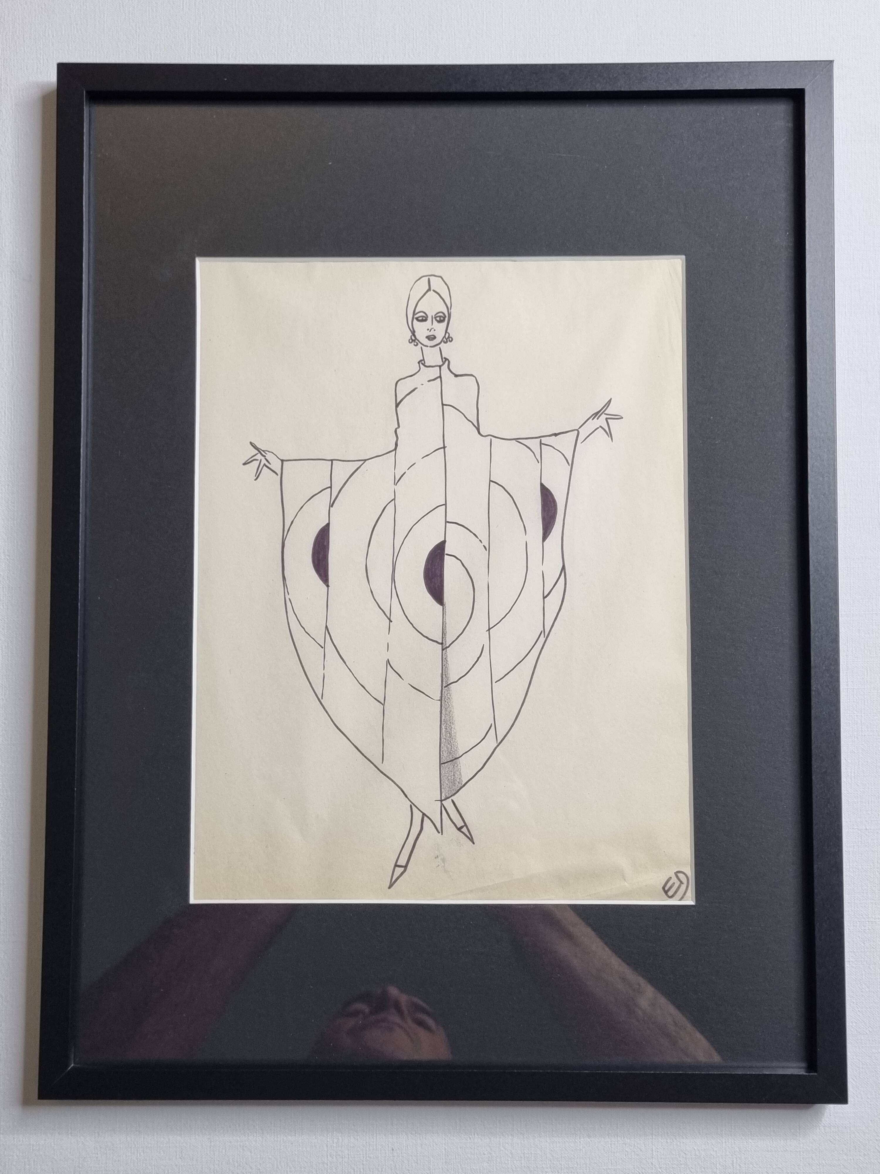 Fashion sketch, original drawing, monogrammed by Jean Eden, 30 x 40 cm