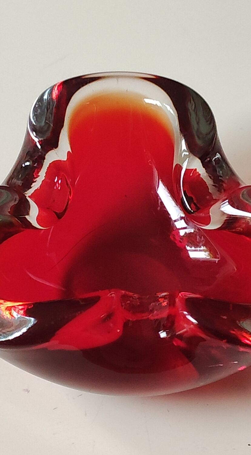 Murano Sommerso Ashtray/Vide Poche. Amber Iridescent Red Glass