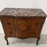 Transitional style commode with a protruding front, in marquetry wood, 20th century.