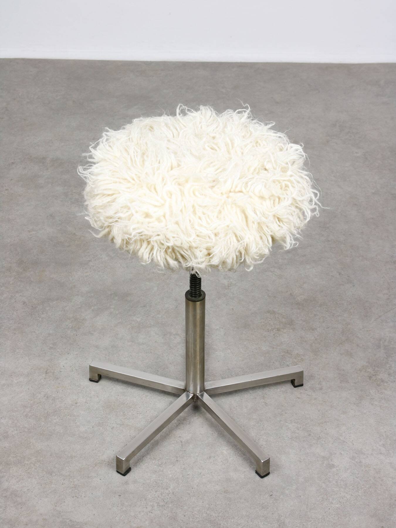 Modernist Bauhaus Swivel Stool in Chrome and Sheep, 1950s