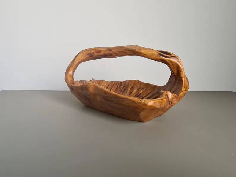 Hand-carved wooden empty pocket basket vintage French