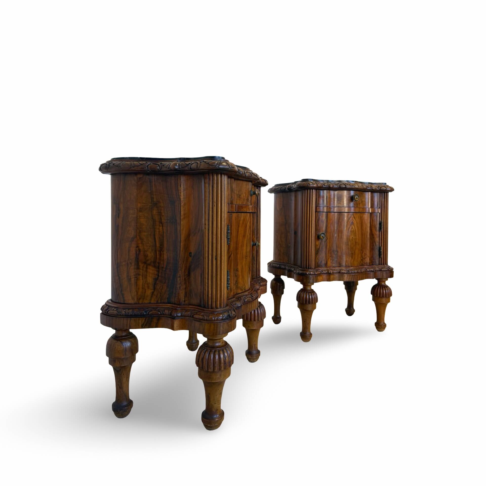 art deco walnut serpentine nightstands, 1920s