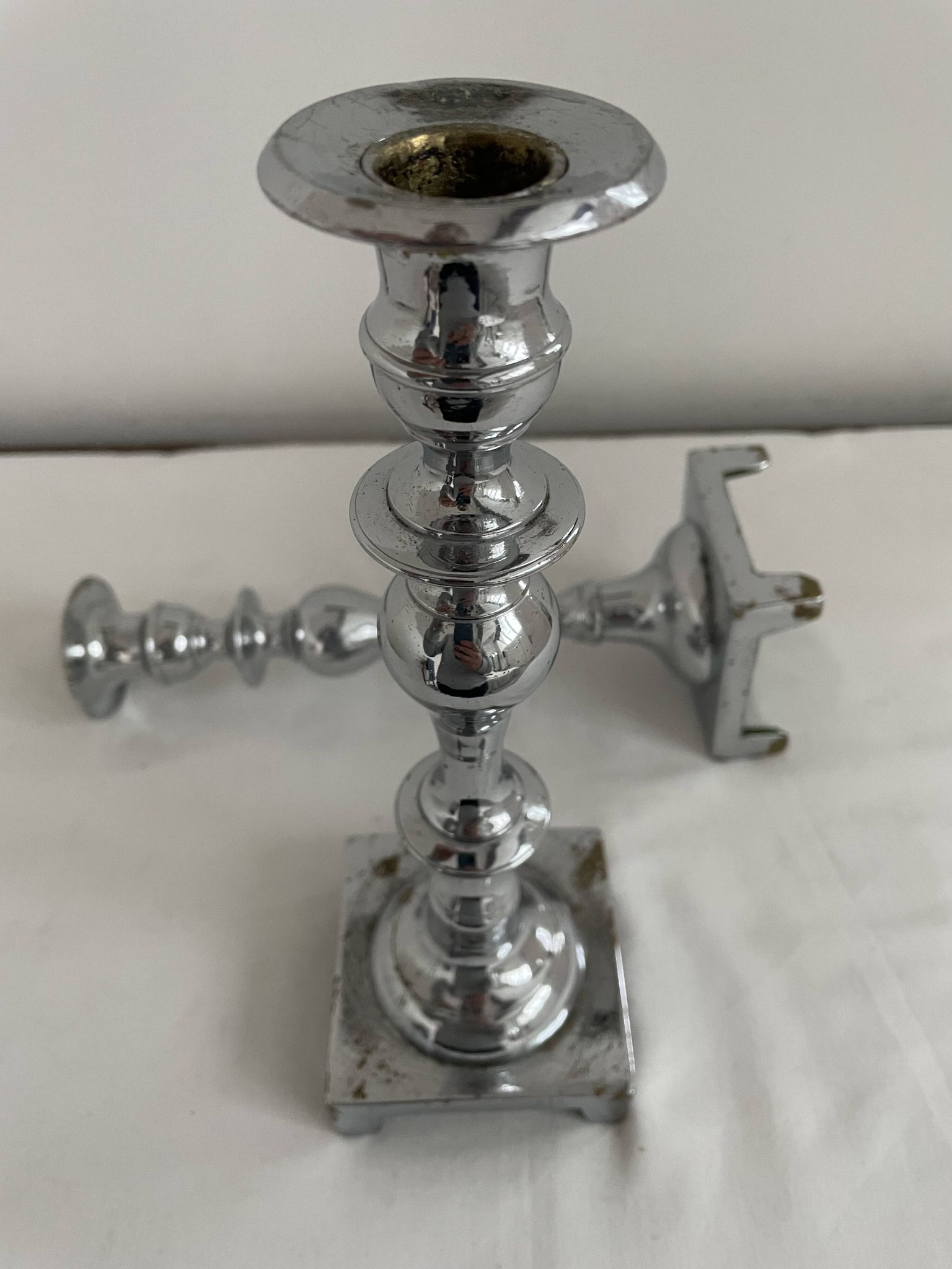Large antique silver plated candlesticks, square base, pair, classic