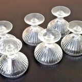 6 footed ice cream bowls, ribbed transparent glass, Made in France.