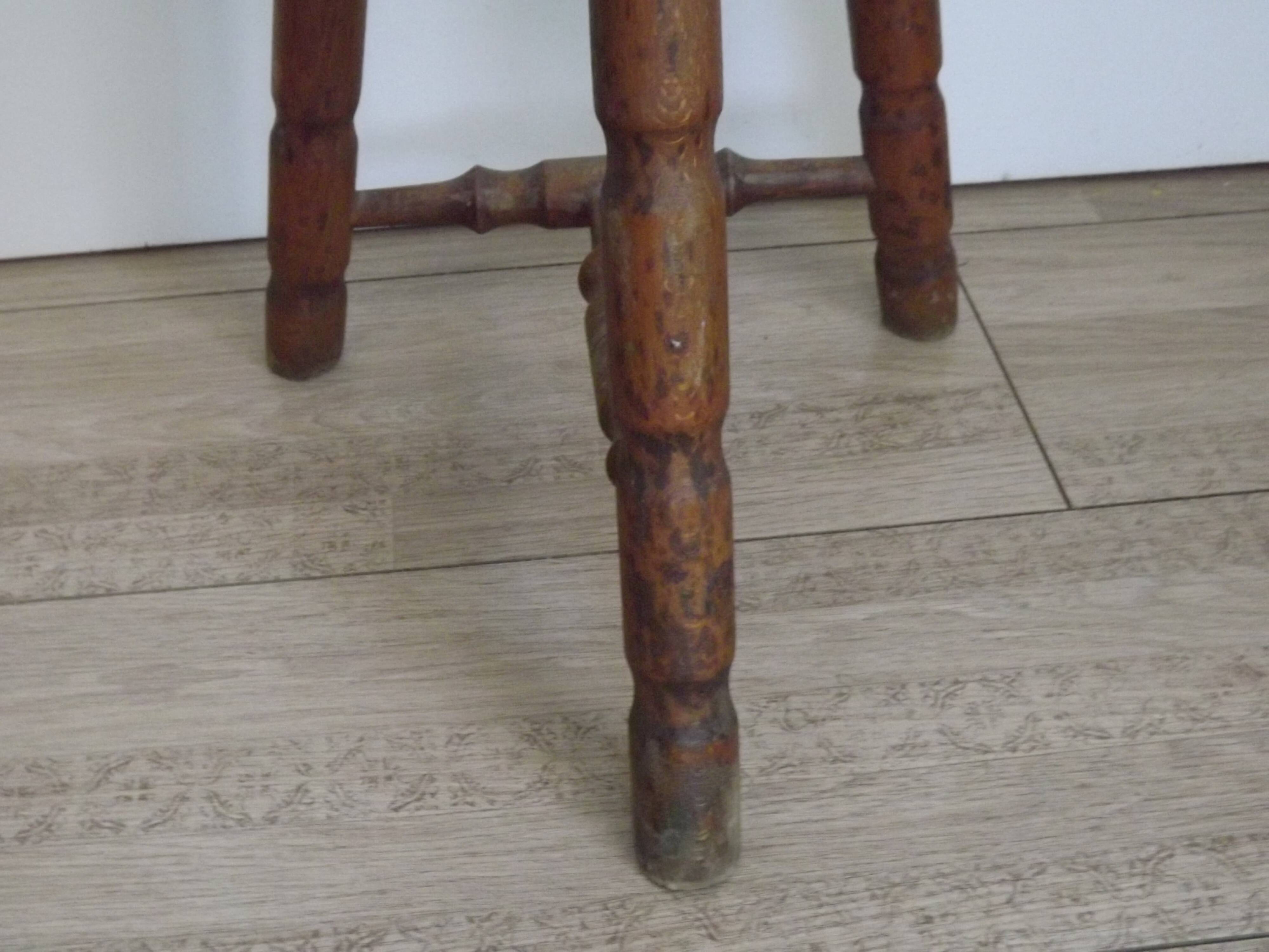 French Vintage Hand Made Wood Milking Stool 3 Spindle Legs Bullseye Seat