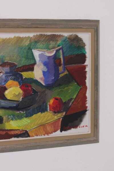 Original mid-century Swedish oil on canvas – “Kubisk Jug and Fruit” by Bror Göransson – vintage & framed – 75 × 58 cm (29.5" × 22.8")