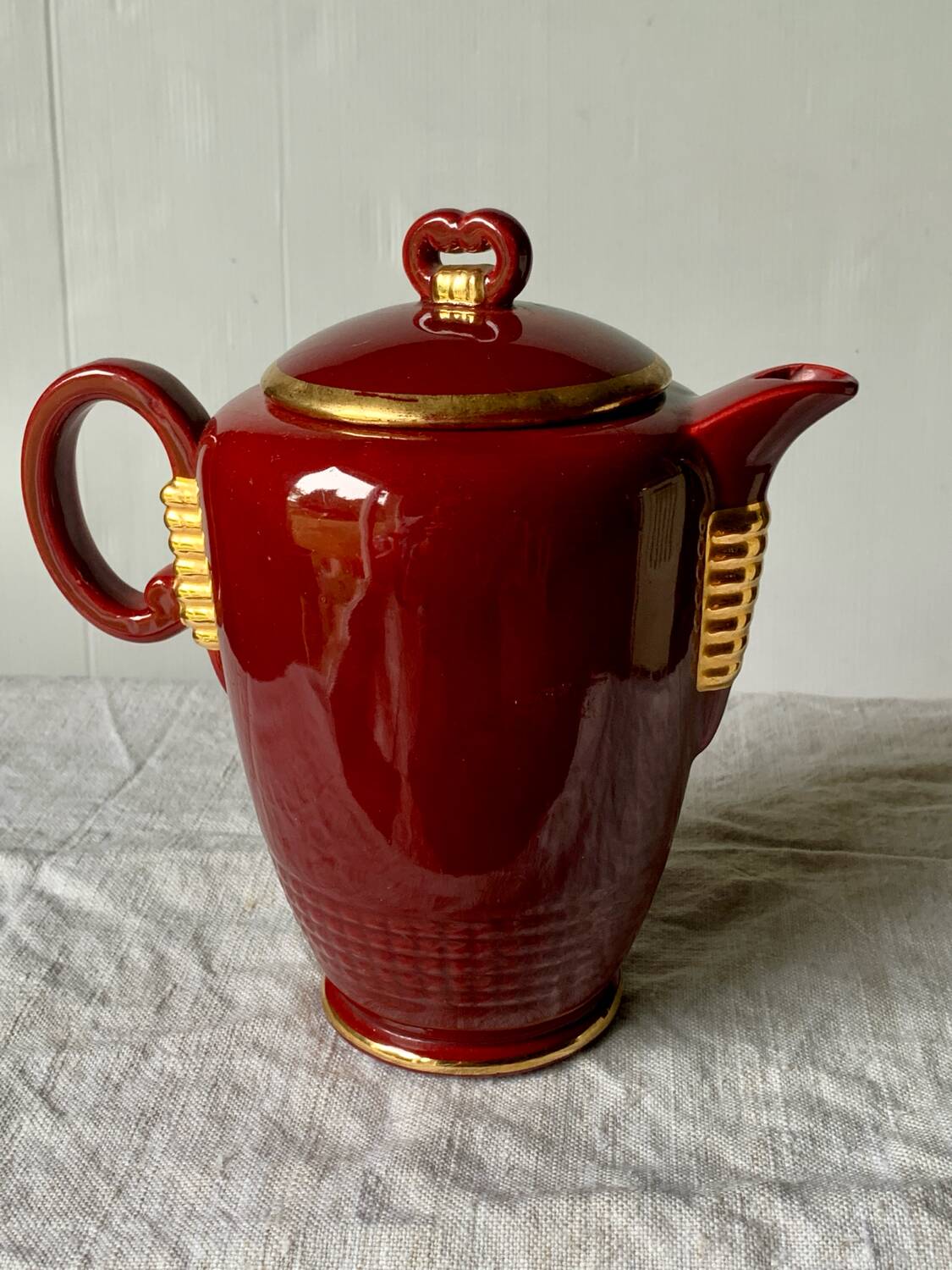 Antique Saint Clément coffee pot in burgundy and gold