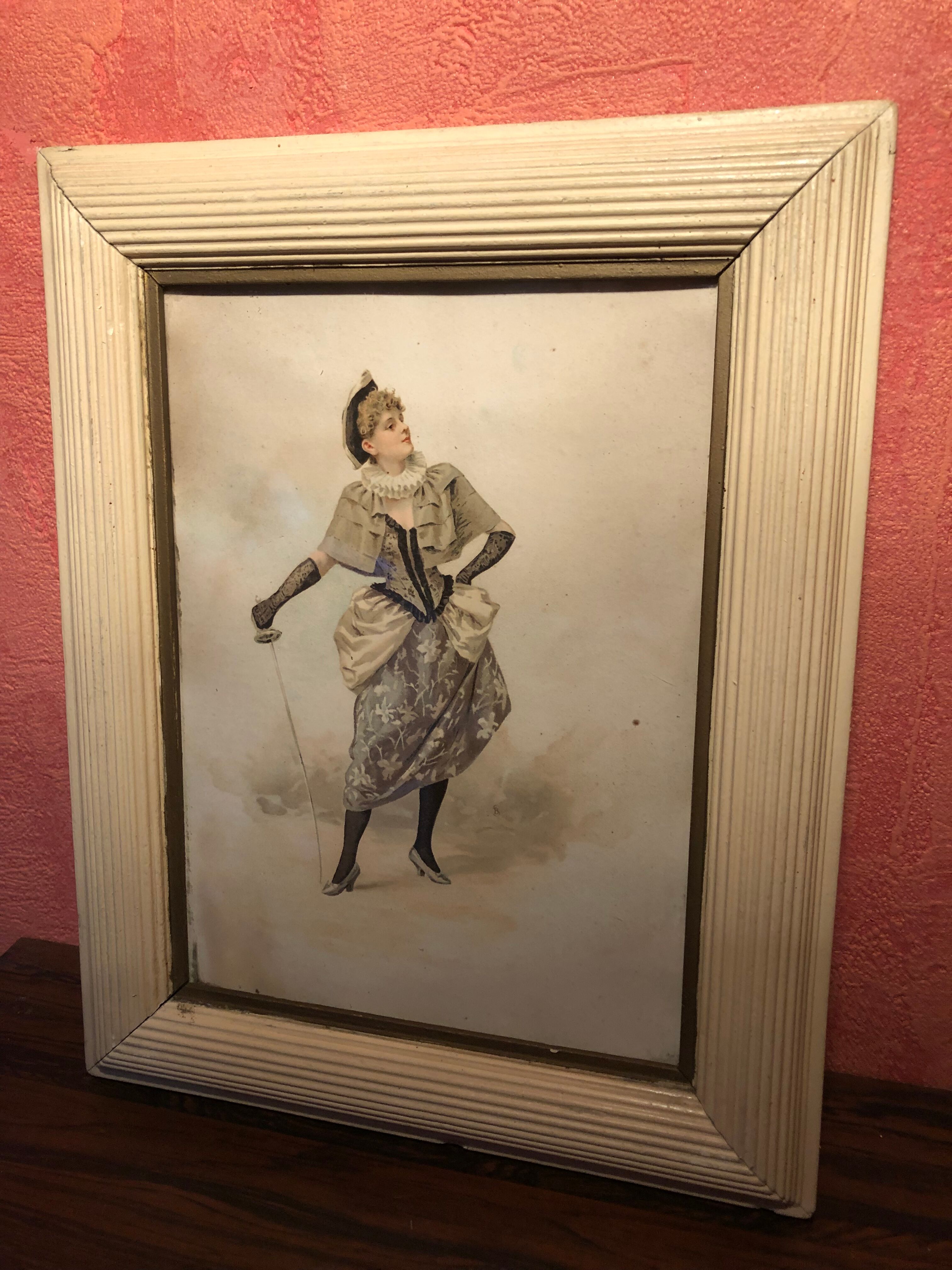 Pair Old Fashion Engraving Color + Frame Wood Vintage Cream