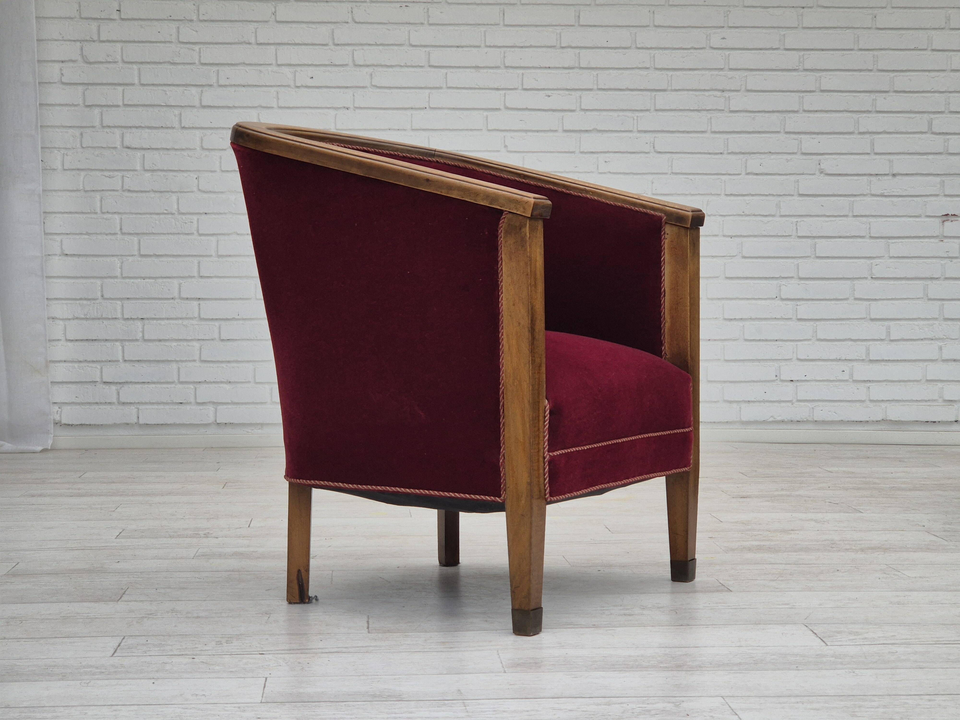 1950s, Danish armchair, original condition, furniture velour, beech wood.