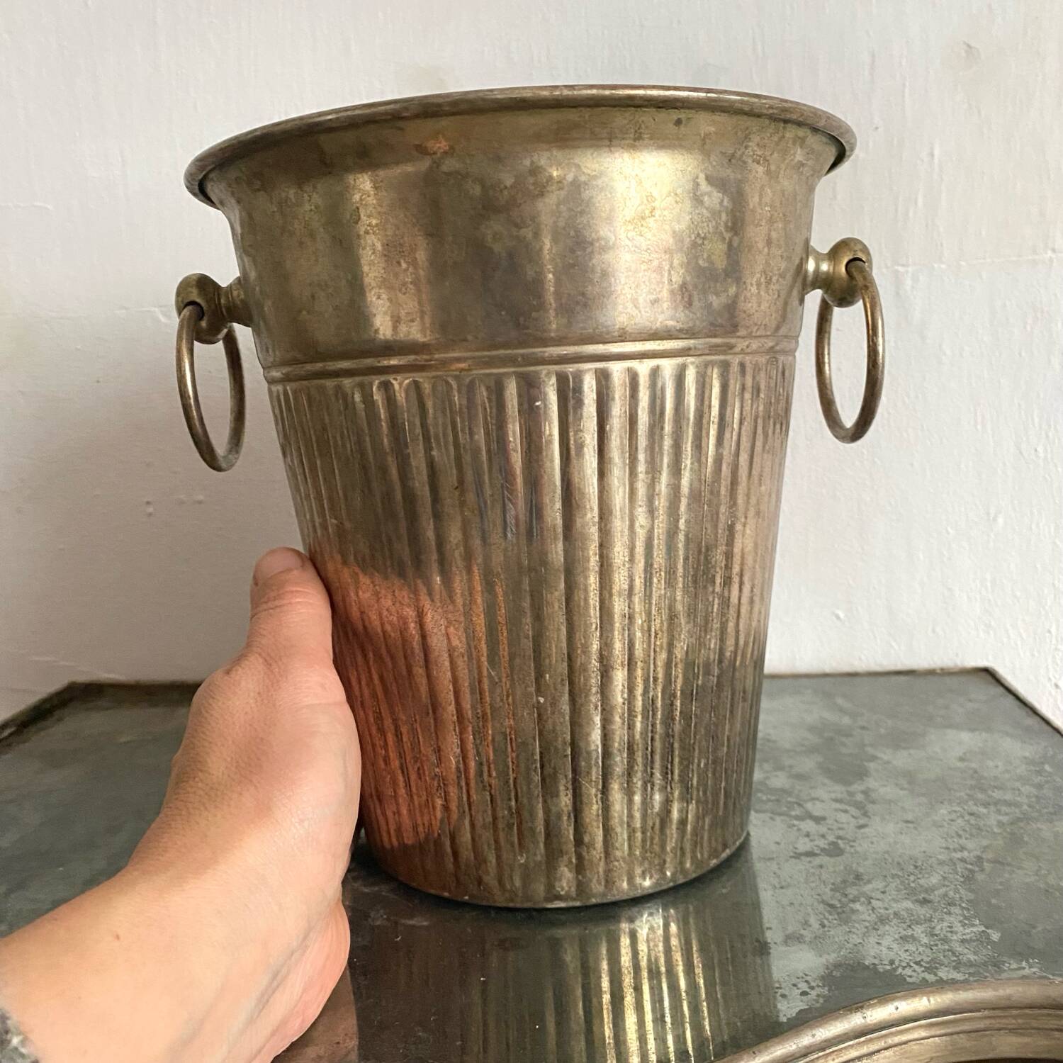 Patinated silver metal champagne bucket