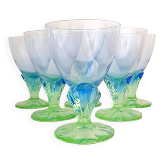 6 large vintage green and blue water glasses