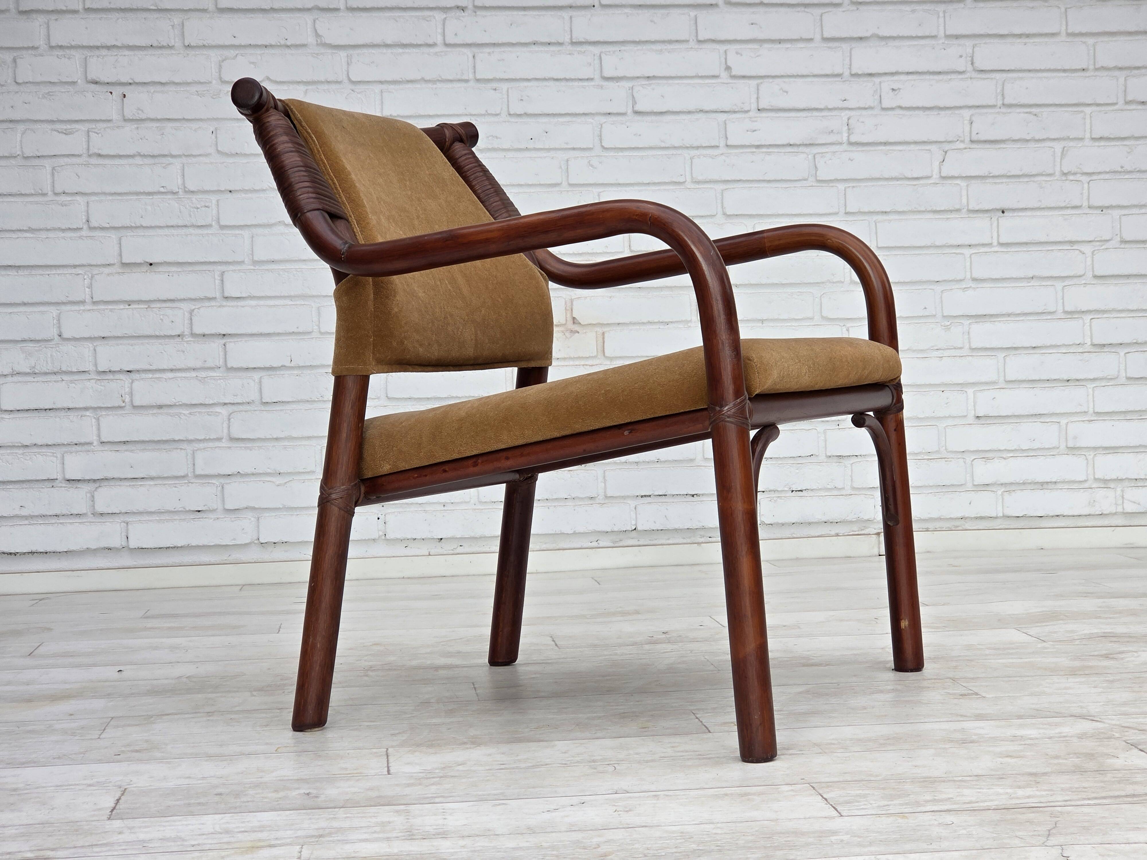 1970s, Danish coffee armchairs with table, rattan, nubuck fabric.