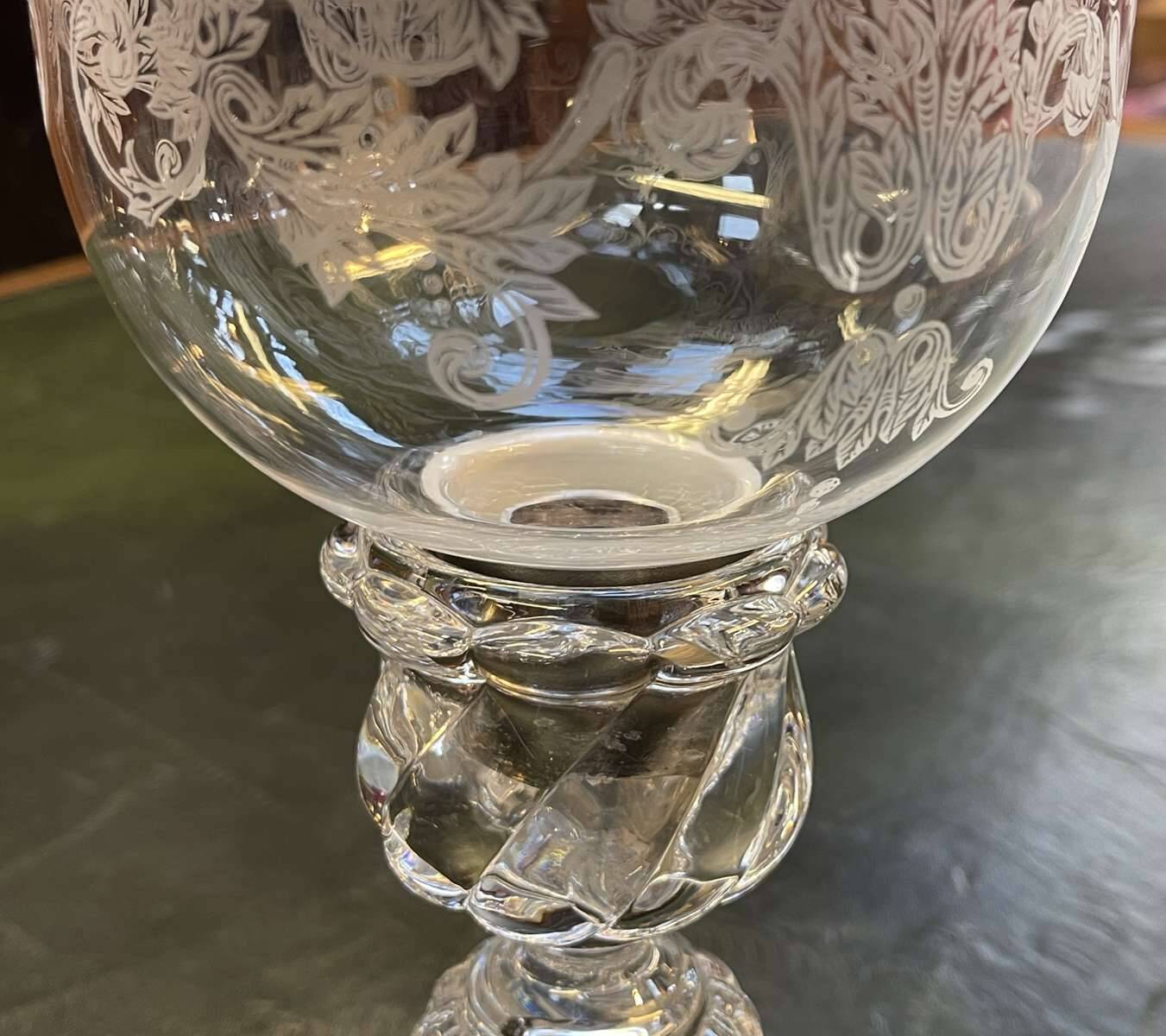 Baccarat crystal lantern with engraved foliage decoration.