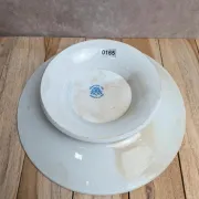 Compotier sur pied bas Terre de fer HB Choisy-le-Roi – Décor oiseaux bleu