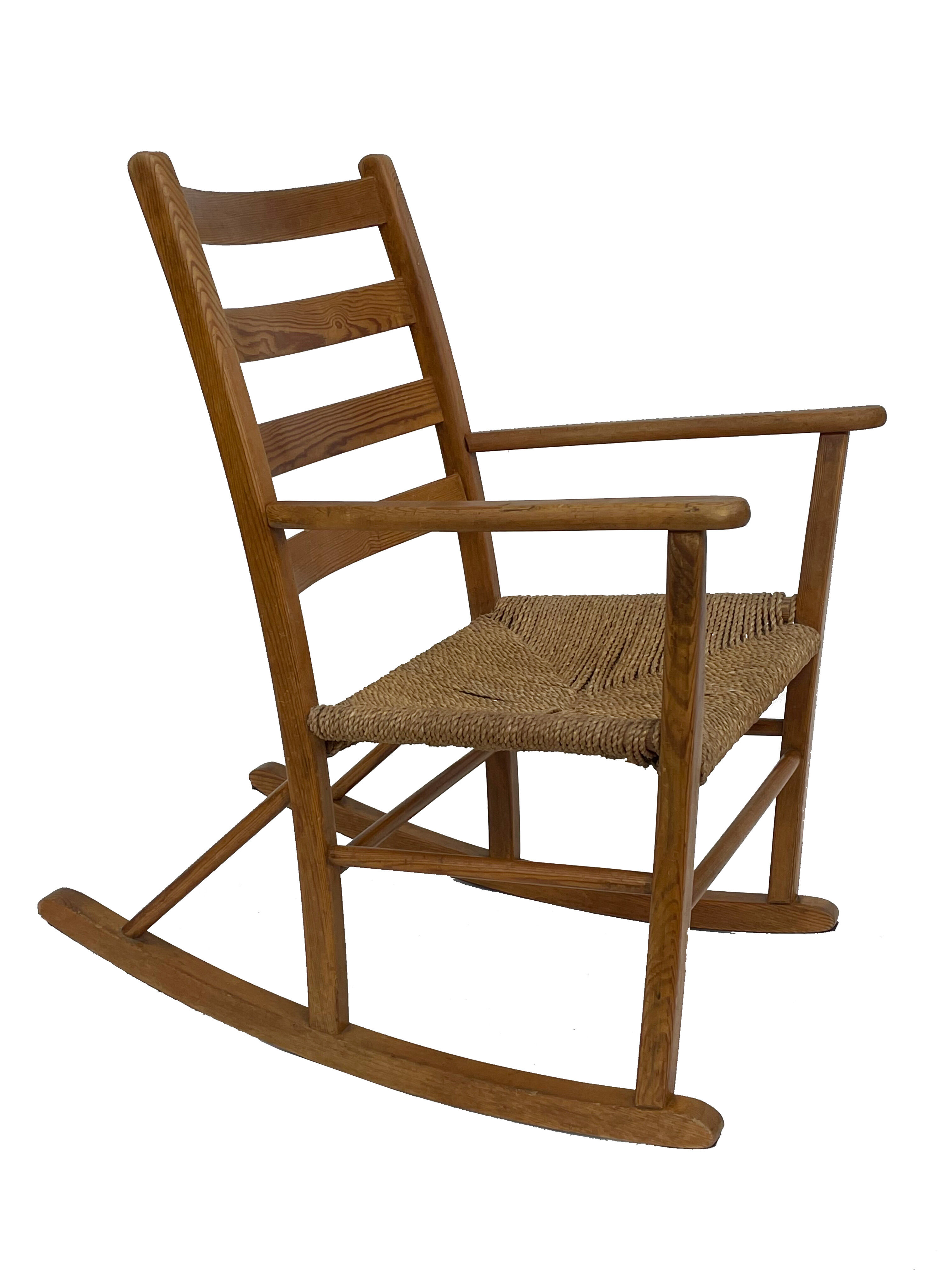 Mid century pine & sisal rocking chair, 1950s