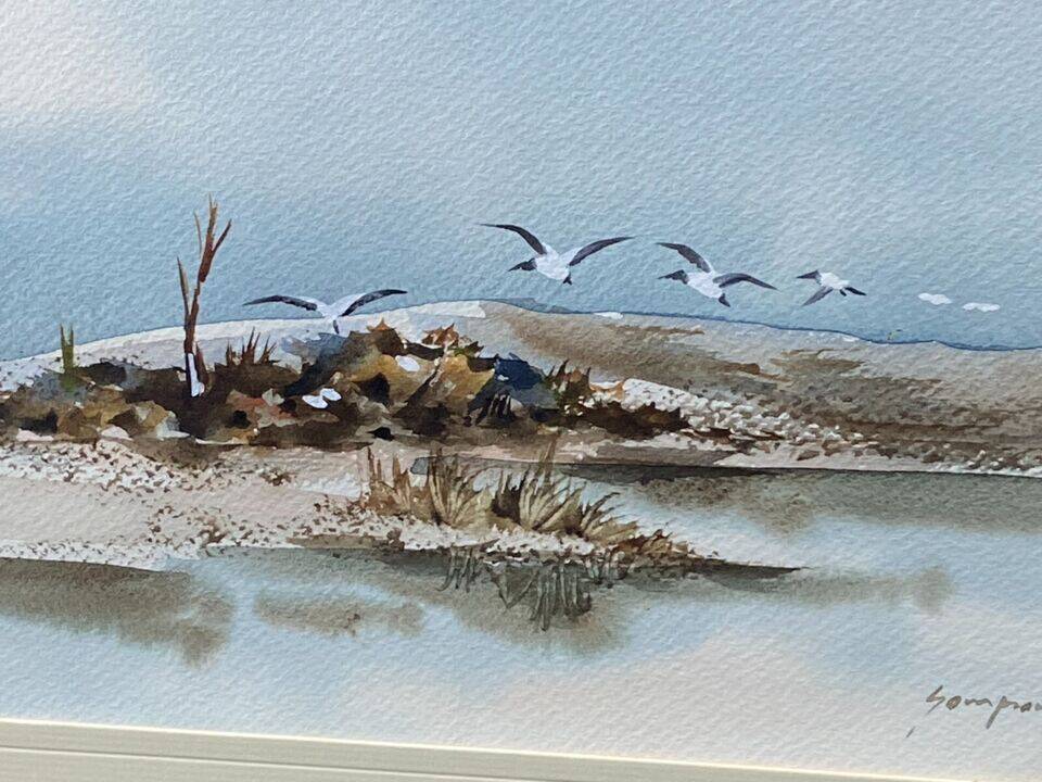 Tableau aquarelle signée au paysage de bord de mer aux mouettes
