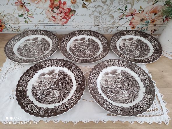 Set of 5 flat plates in English Iron Earth country decoration brown marli floral