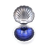 Shell-shaped butter dish in silver-plated metal and blue glass, 1960s