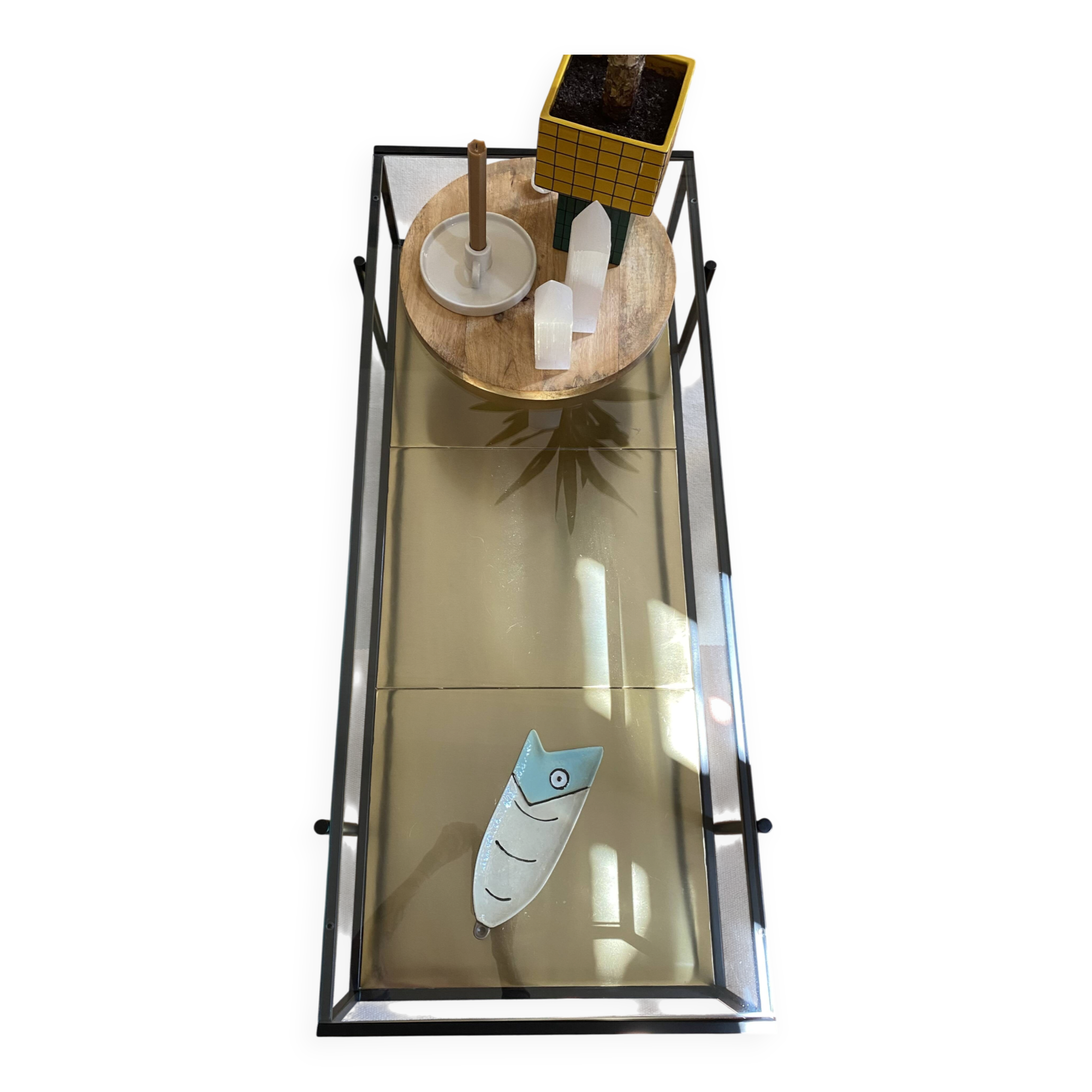 Table basse rectangulaire en laiton et verre