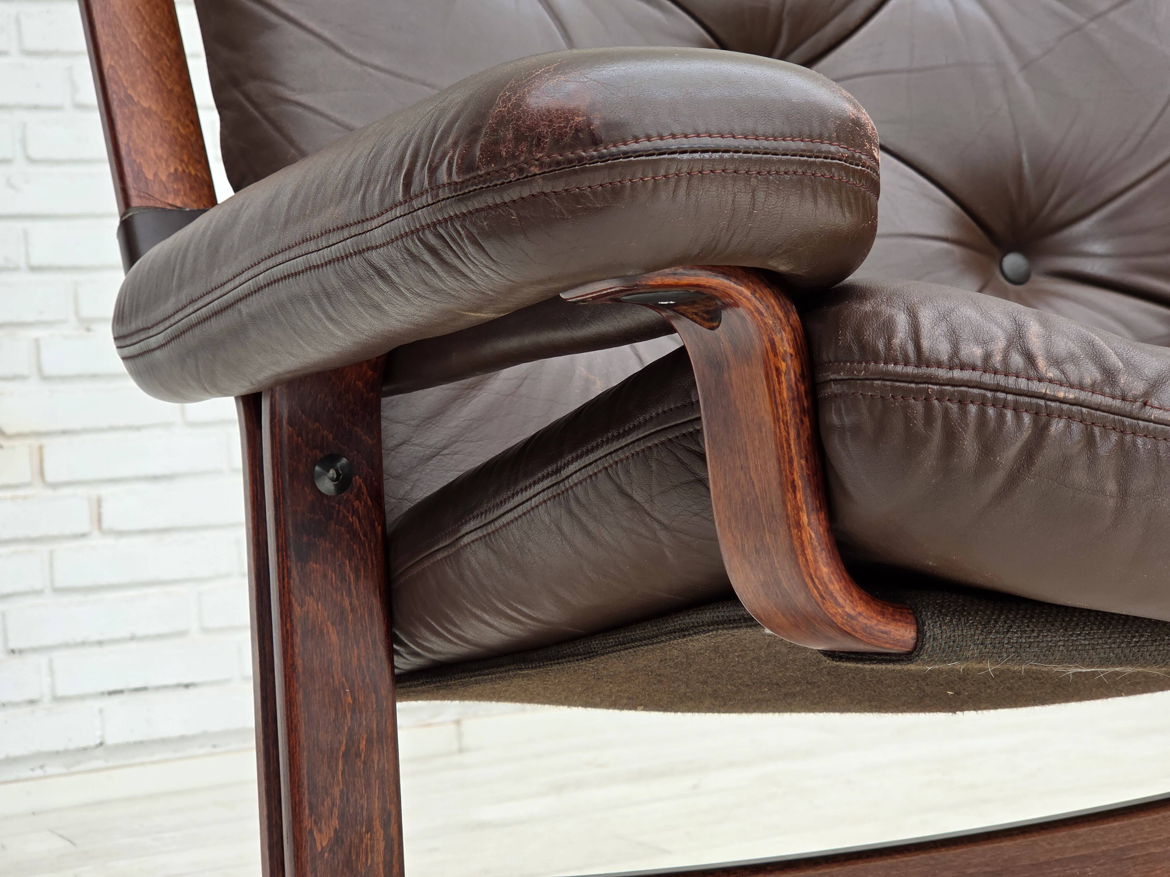 1970s, Norwegian armchair by Jon Hjortdal, furniture leather, bent wood.