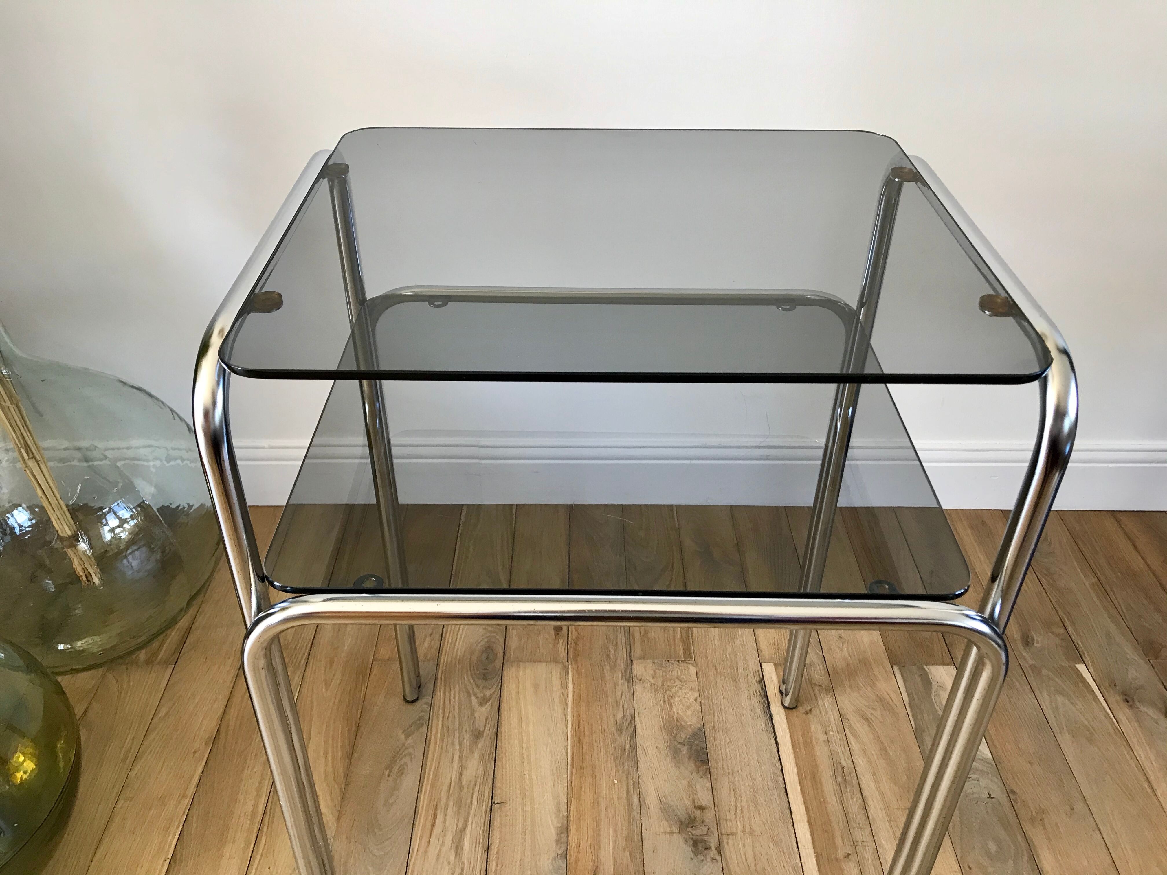 Side table in chrome and smoked glass 70s