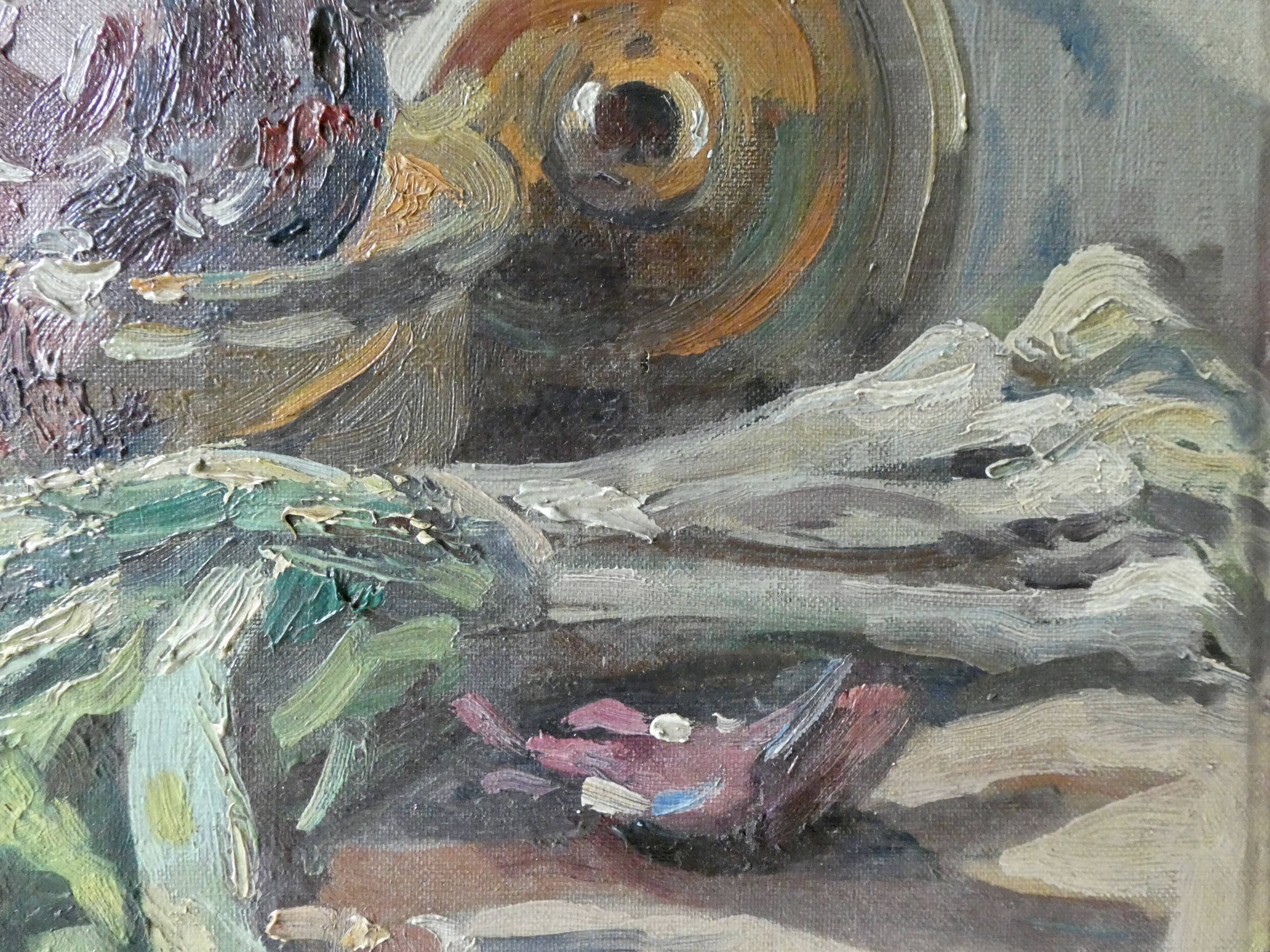 Oil on canvas, still life with leeks