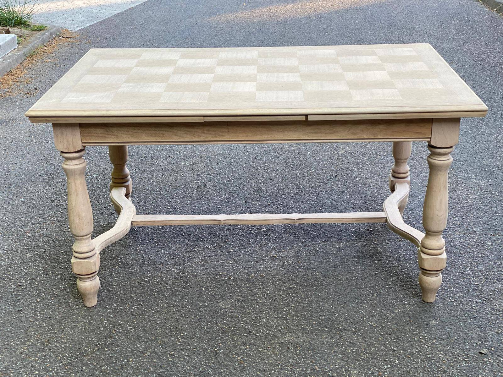 Extendable rectangular farmhouse table renovated oak and marquetry 255cm