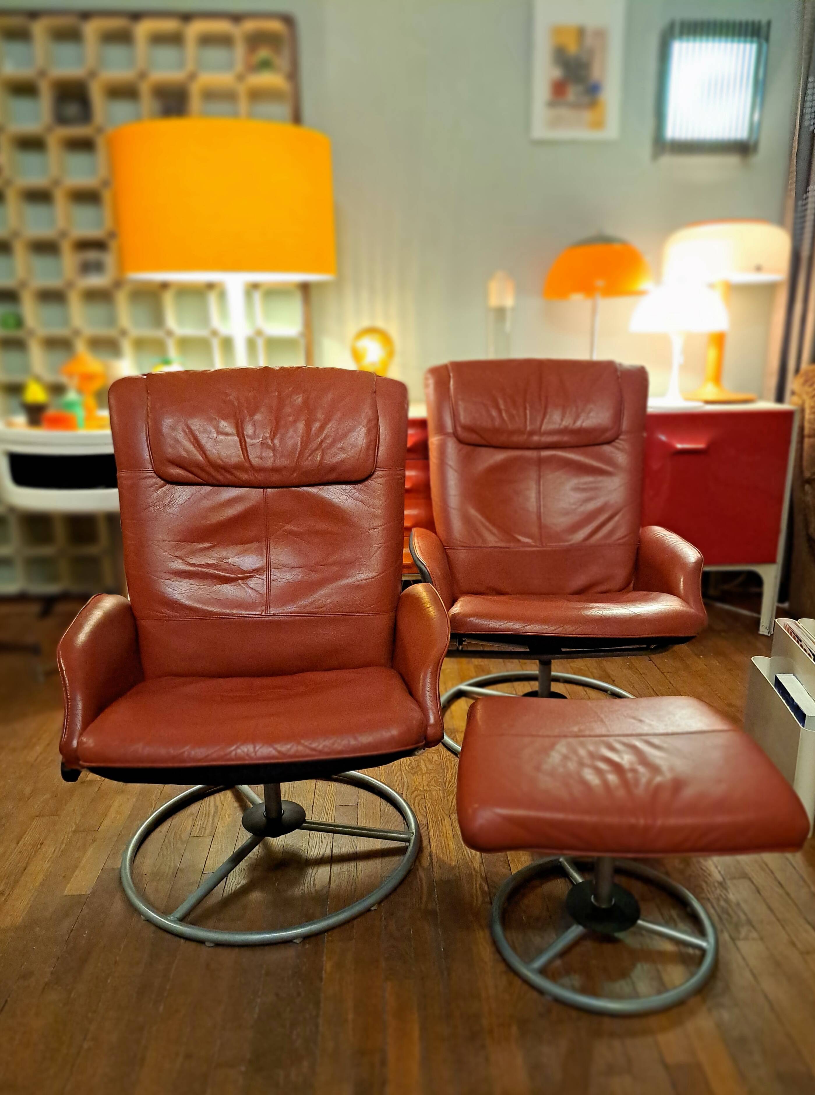 Pair of Lounge Chairs + Malung Leather Ottoman from the 90's